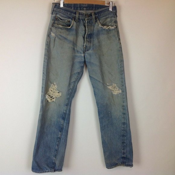 Vintage Levis 501 Jeans Redline Selvedge Button Fly Destroyed Grunge Mens 29x29